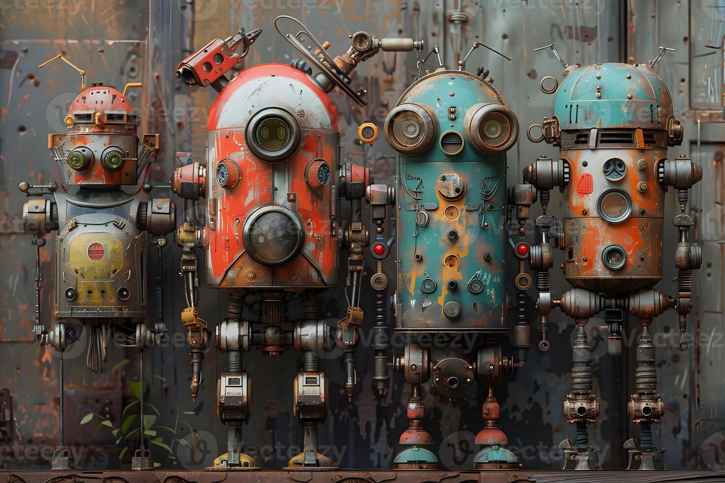 Several old robots lined up against rusty wall photo