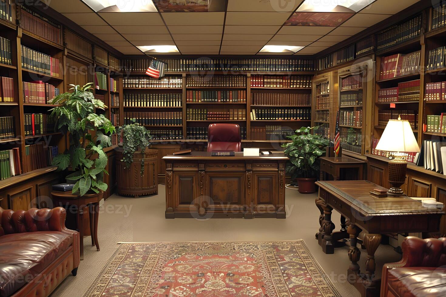A room with a desk, couch, and lamp photo