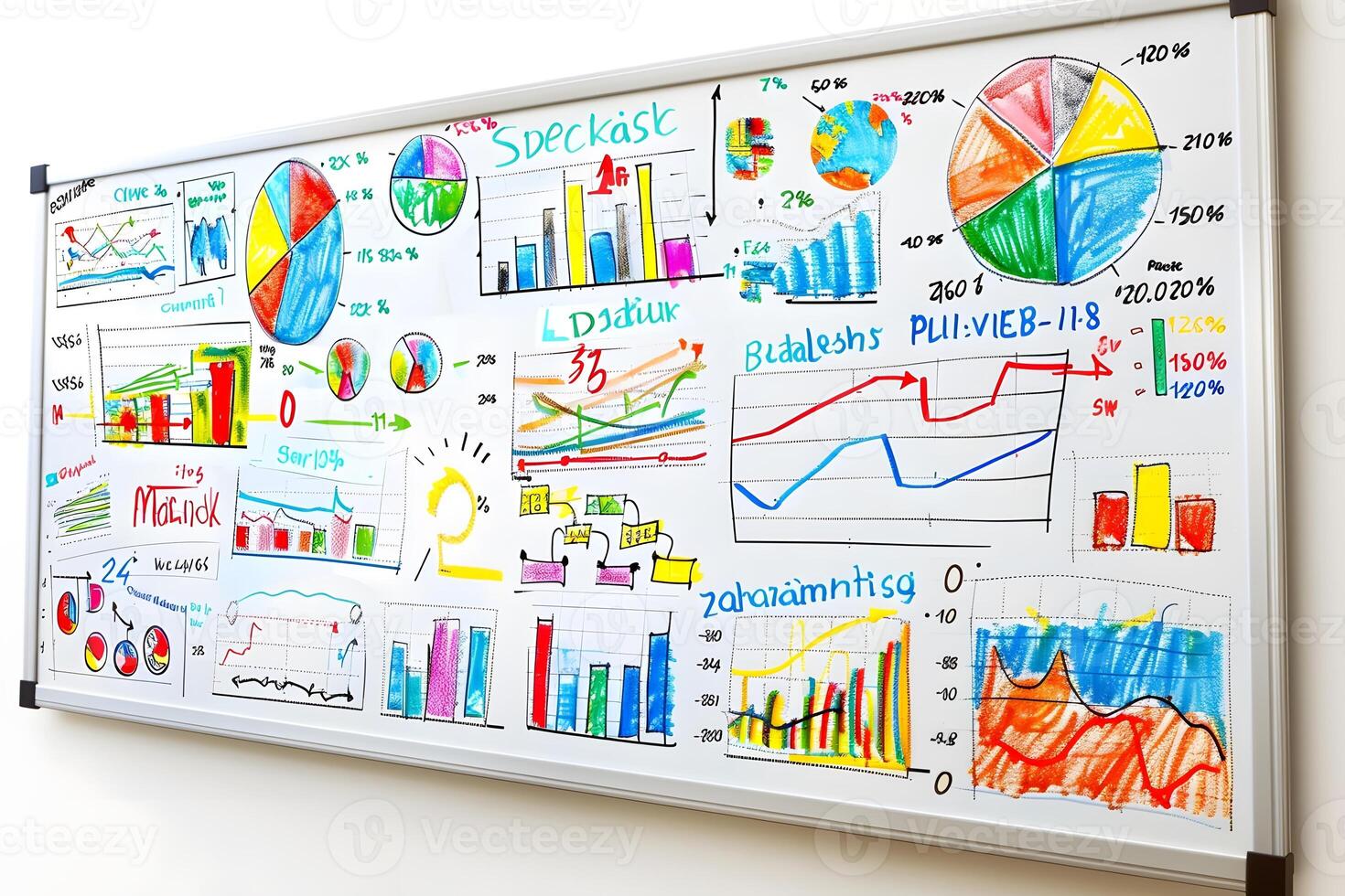 A white board with a variety of drawings photo