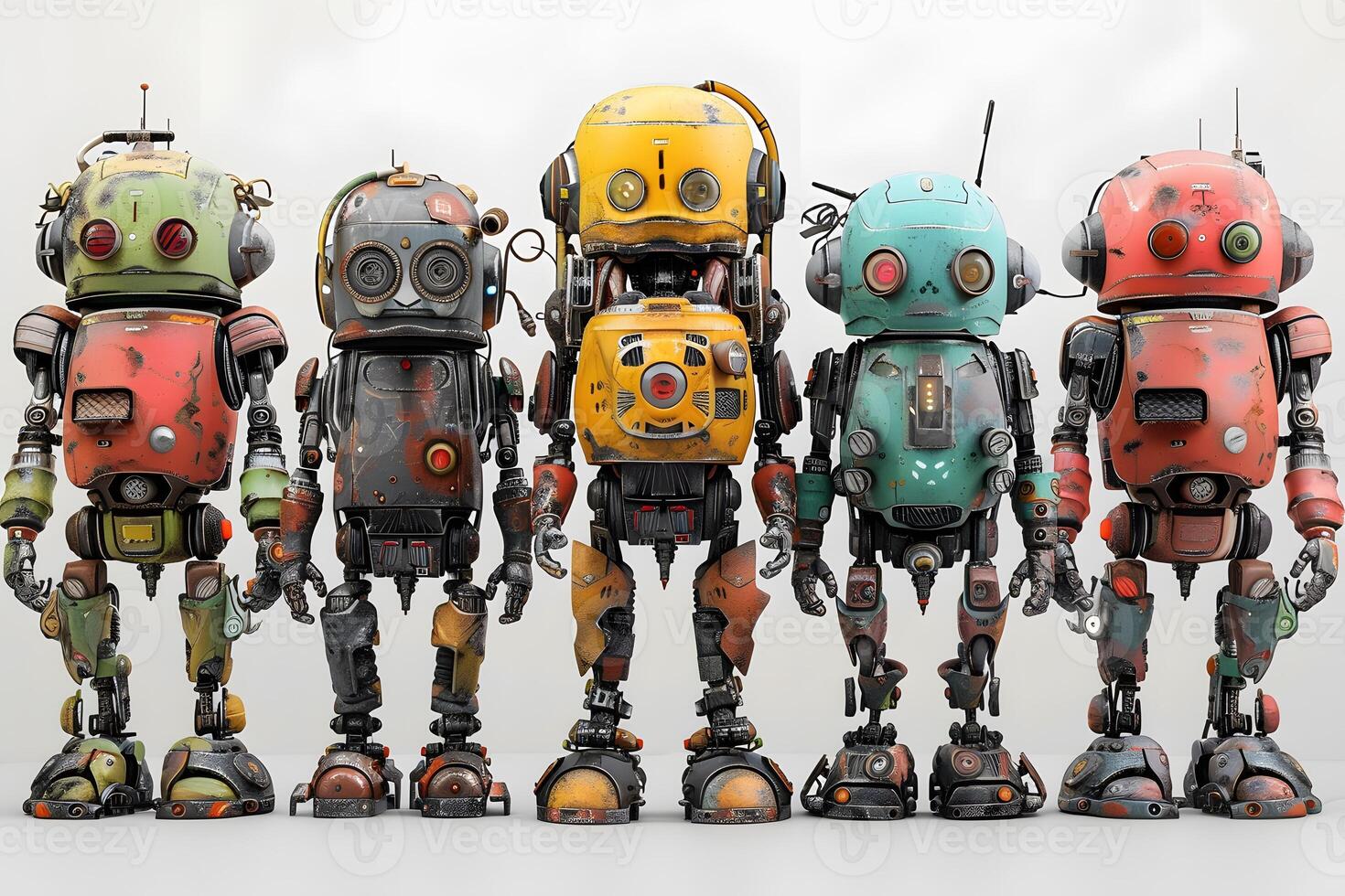 Several robots in a row on a white surface photo