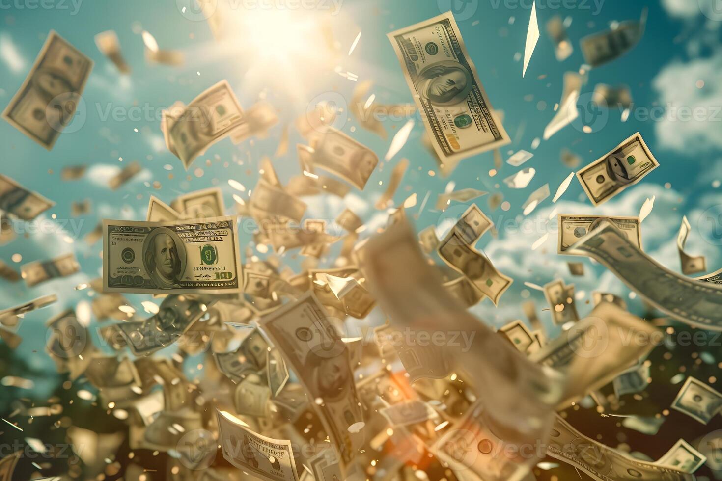 Close up of money flying in the air photo
