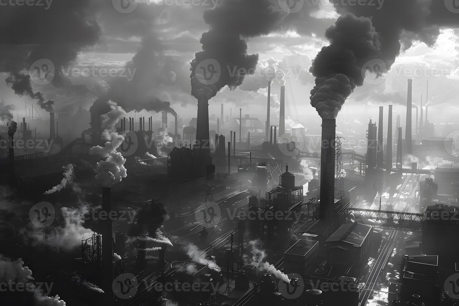Factory emitting smoke from multiple stacks photo