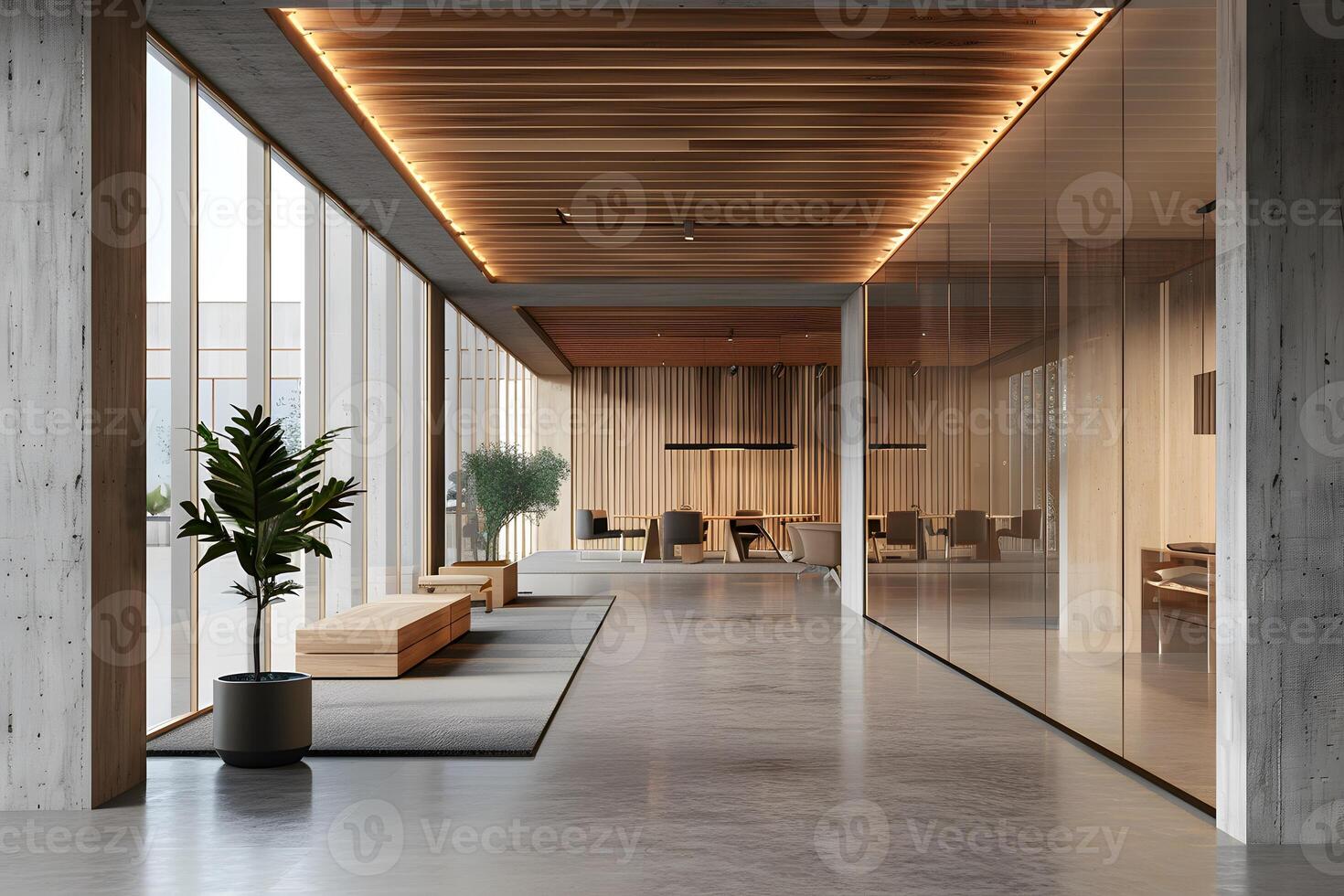 A view of a large open space with a long table and a plant photo