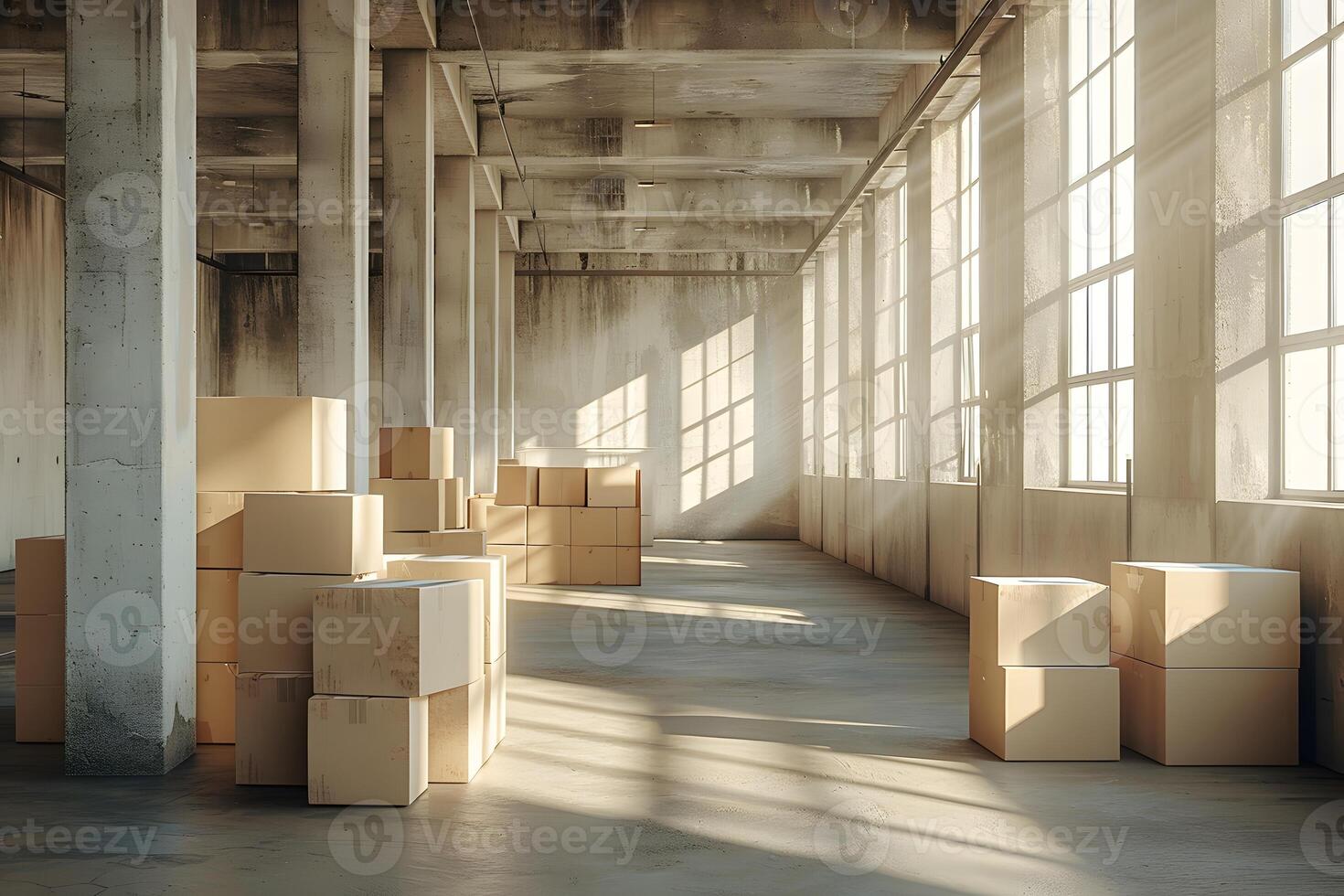 Boxes stacked in large room with windows and concrete floor photo