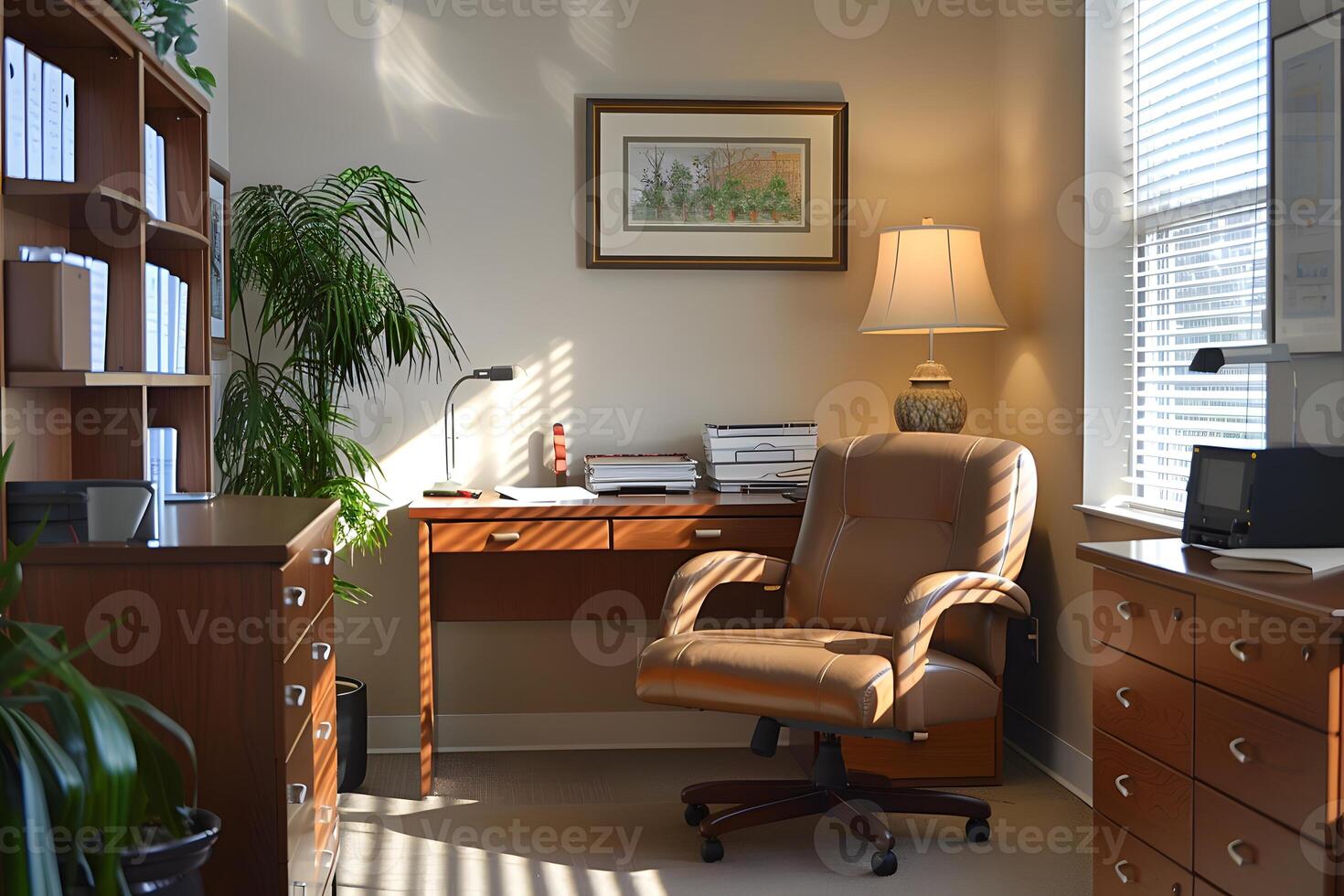 A desk, chair, lamp in corner photo