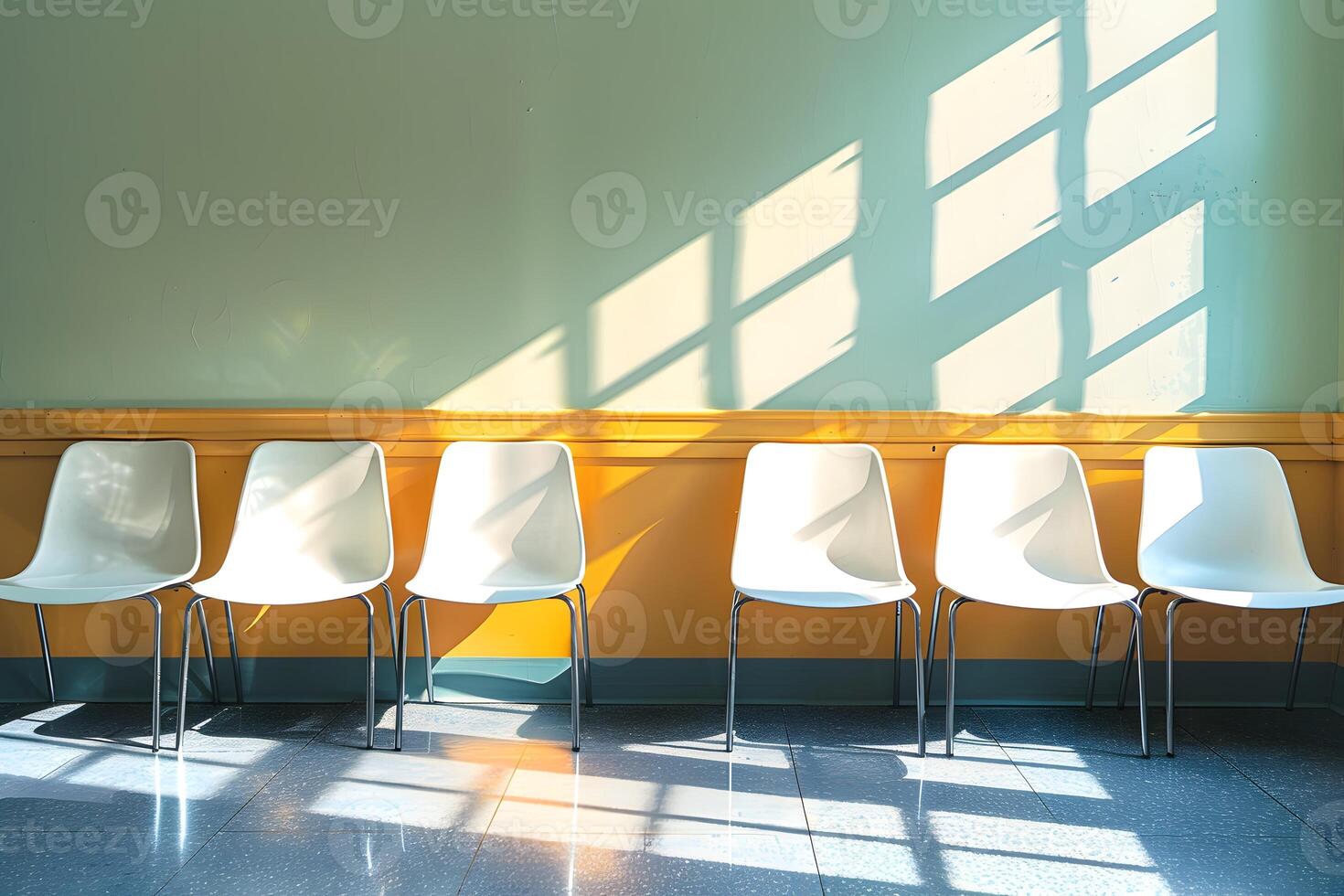 Row of white chairs in a waiting room with a yellow wall photo