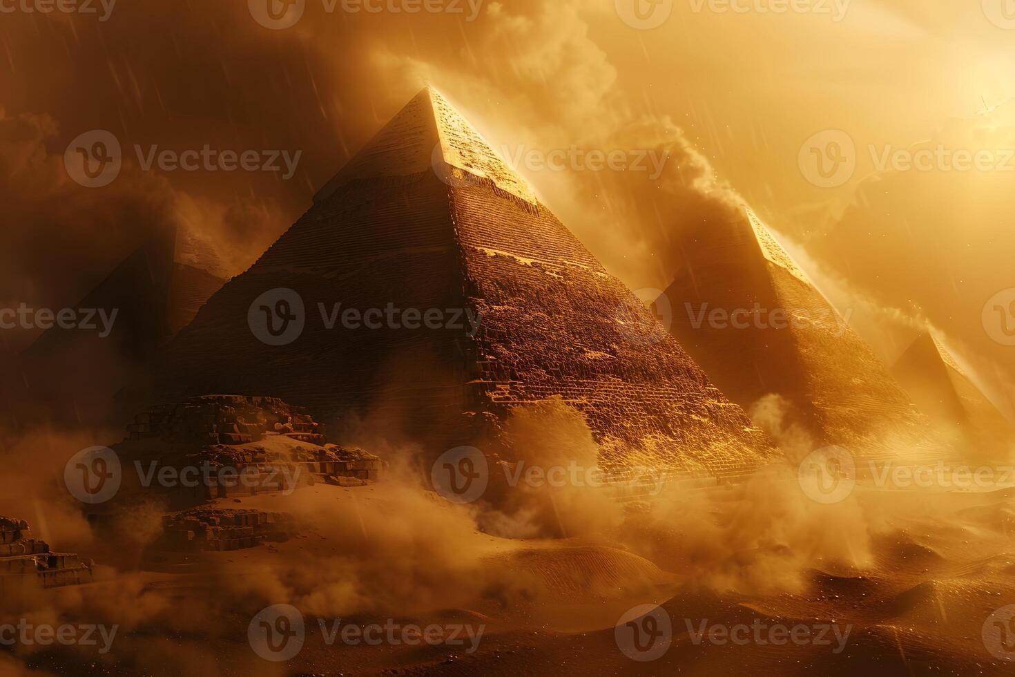 Giraffes in the desert with a pyramid in the background photo