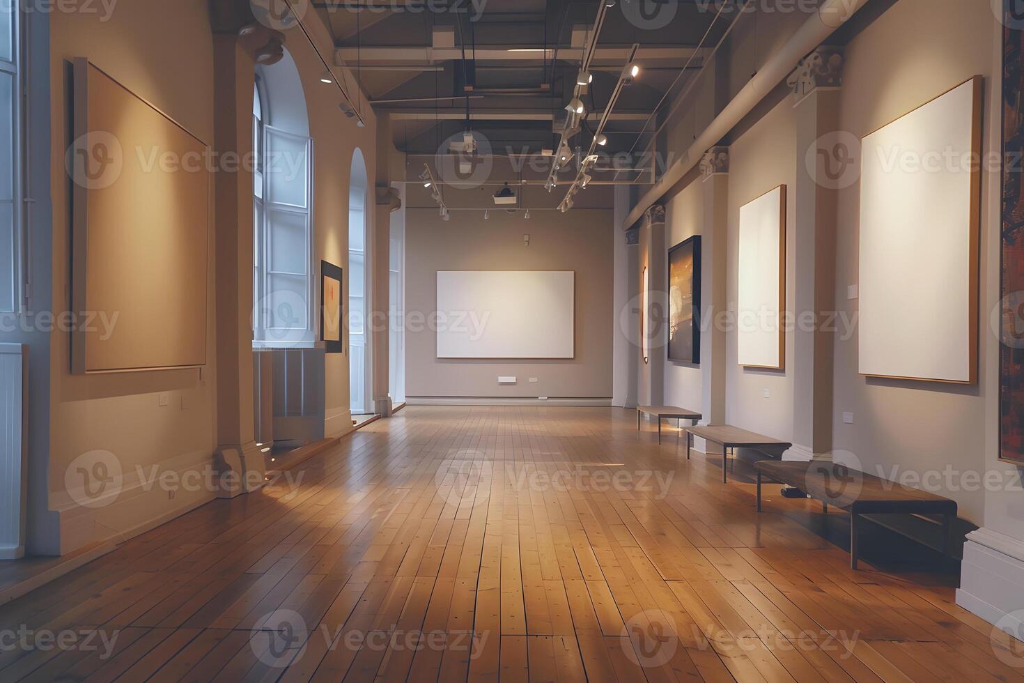 Room with bench and art on walls photo