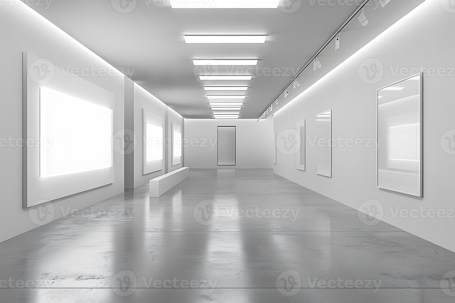 Three blank white frames on room wall photo