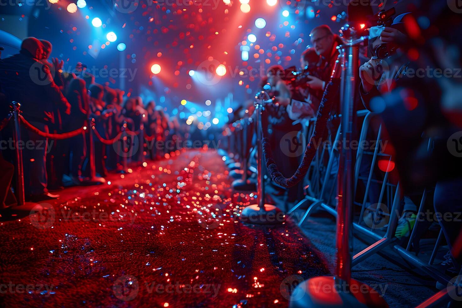 A close up of a crowd of people standing on a red carpet photo