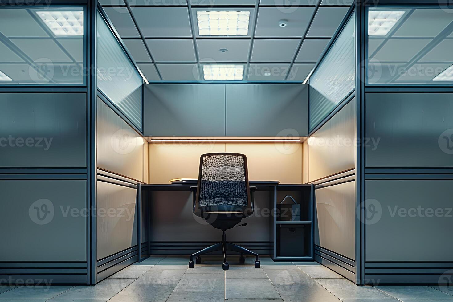 A chair in a cubicle with a desk photo