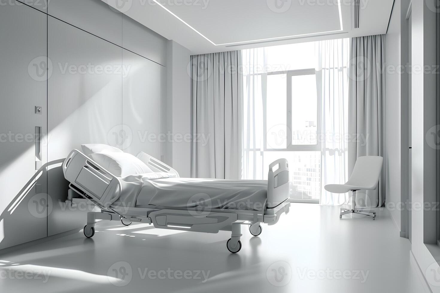 A hospital bed by a window photo