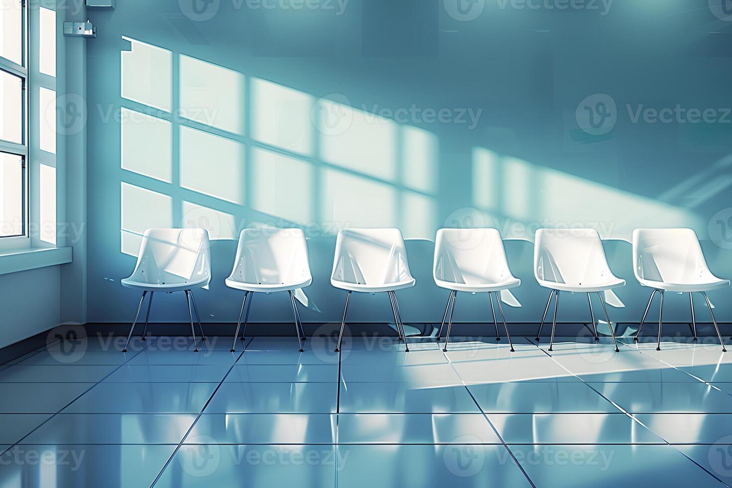 Many chairs lined up neatly in a room photo