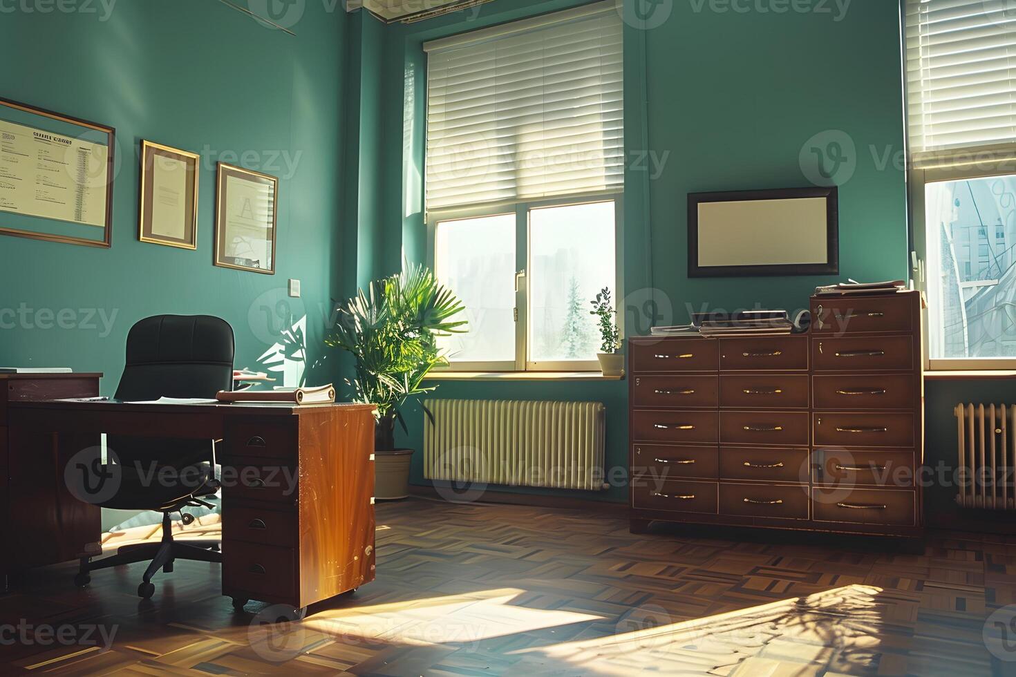 A desk with a computer and a chair in a room photo