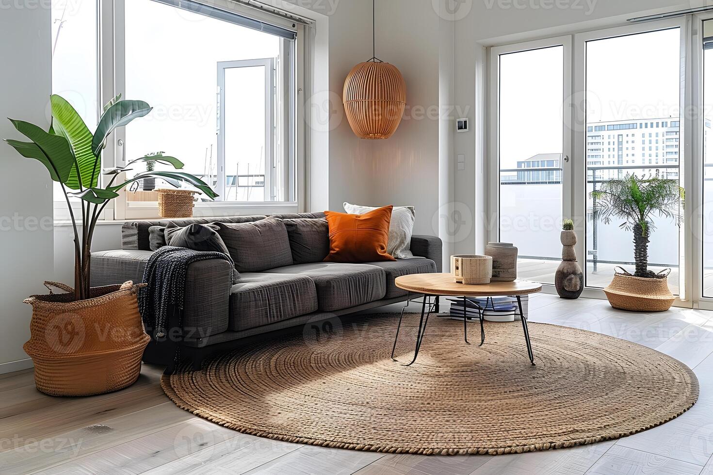 Cozy living room with couch, table, and large windows photo