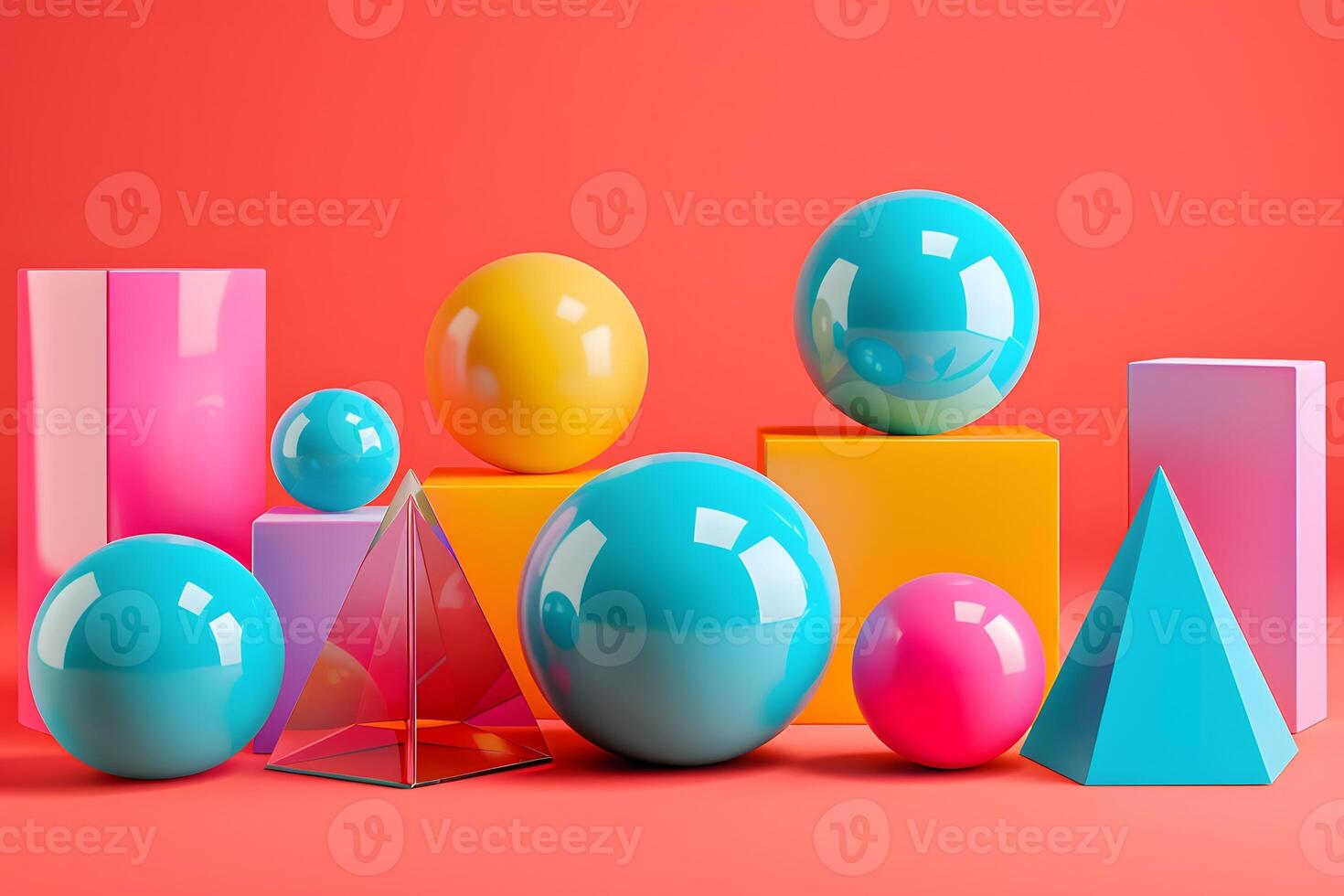 Colorful balls and geometric shapes on pink background photo