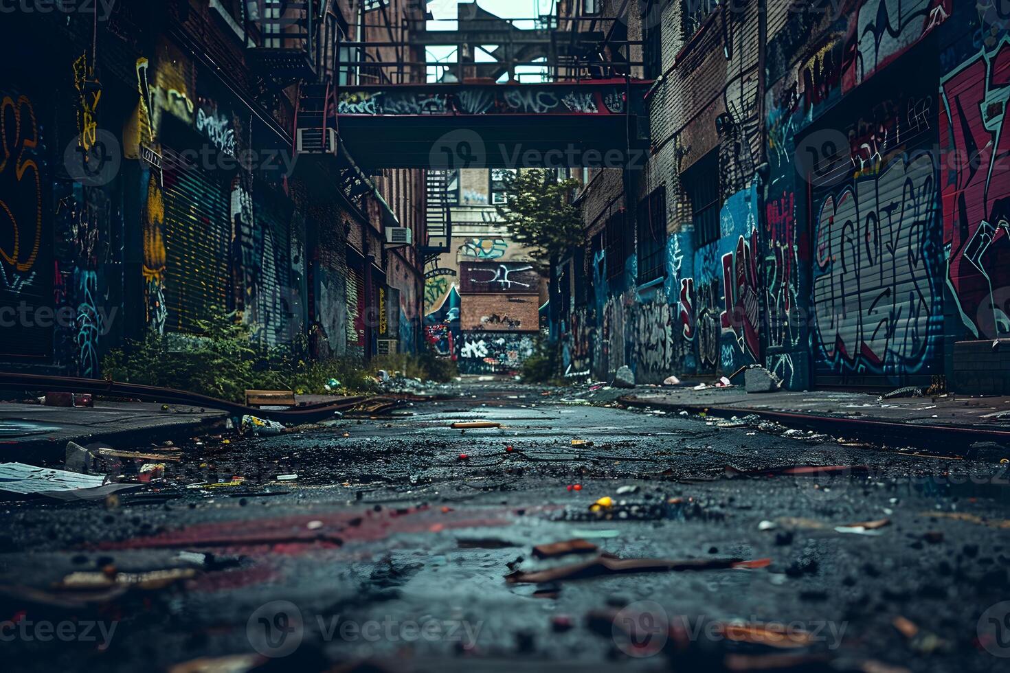Alley with graffiti and trash on the ground photo
