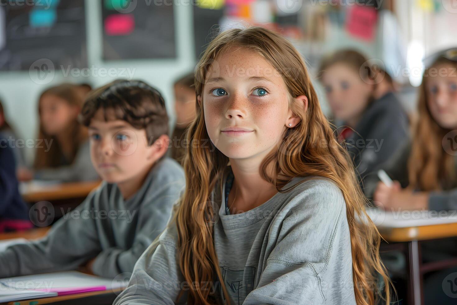 Many children studying at desks in a classroom photo