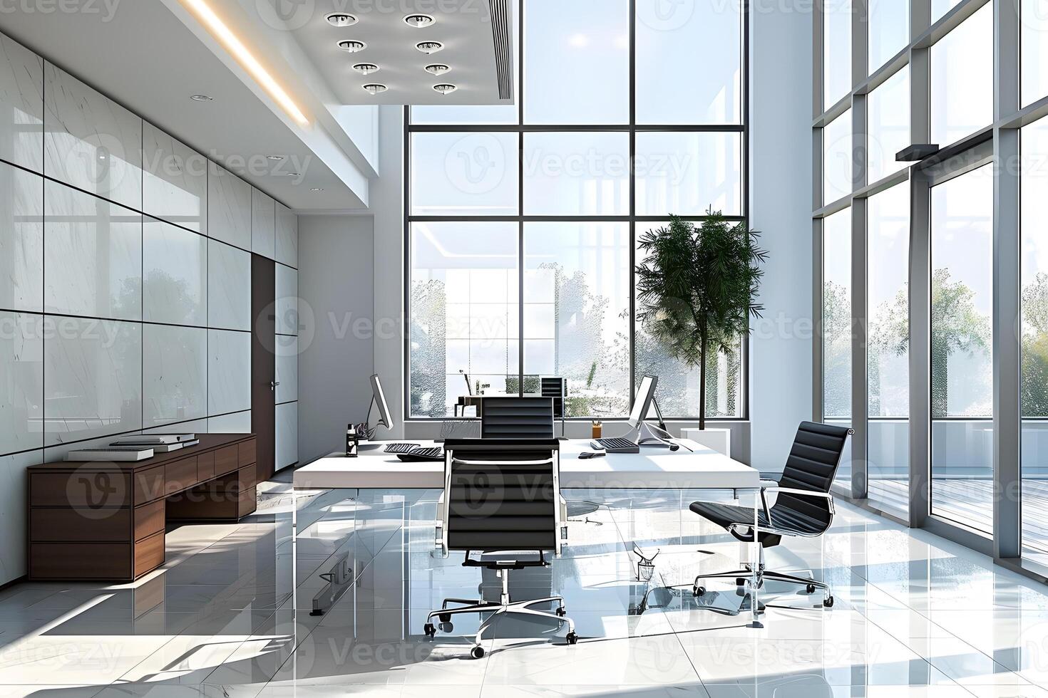 Office with a desk and chairs in a spacious room photo