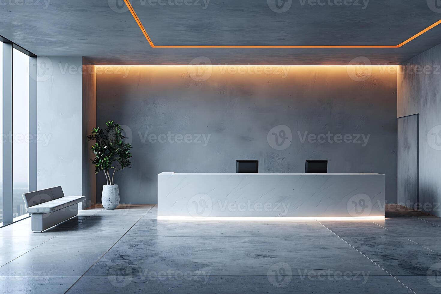 A large white counter in a room with a large window photo