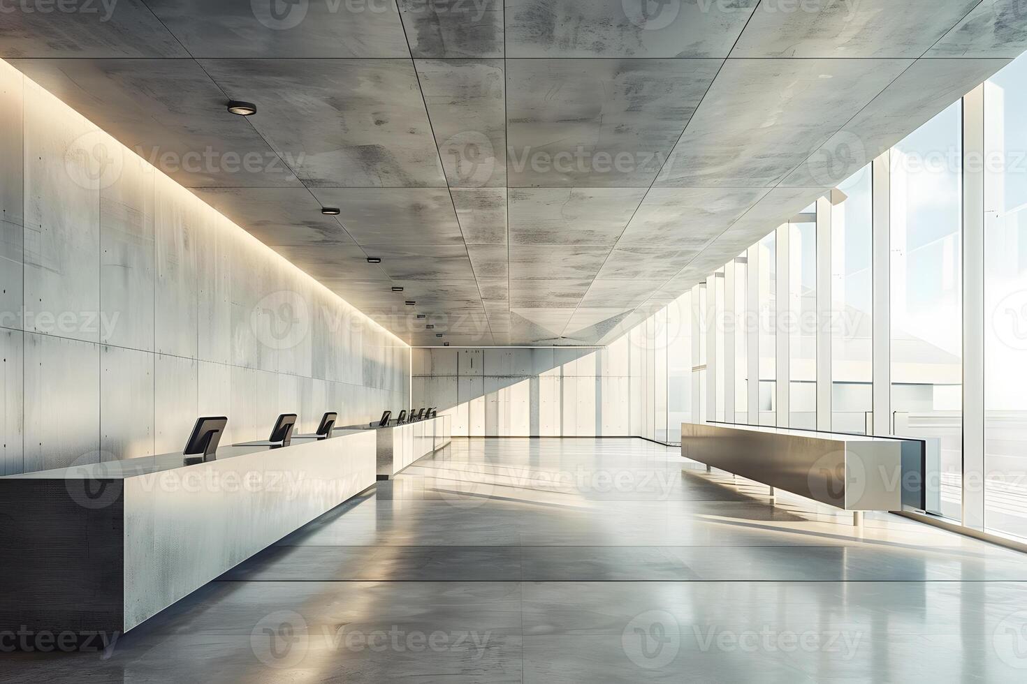 A long counter in a large room with a lot of windows photo