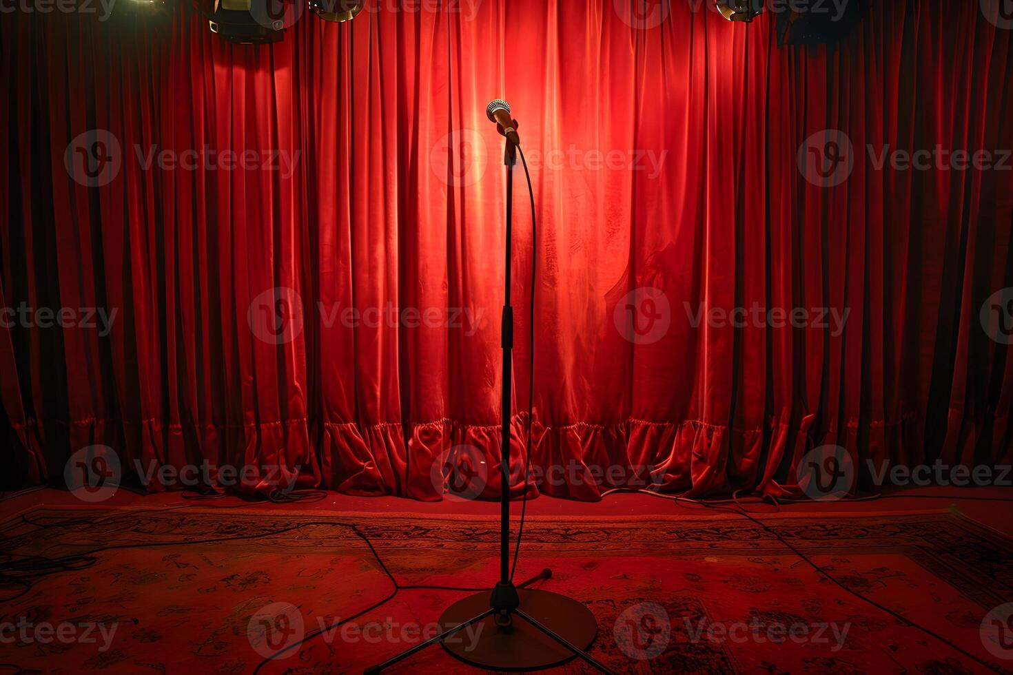 Microphone stand in front of red curtain with lights photo