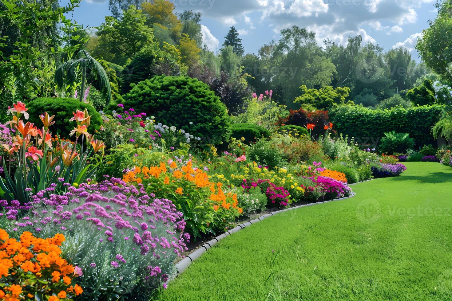 Large garden blooming with colorful flowers and trees photo