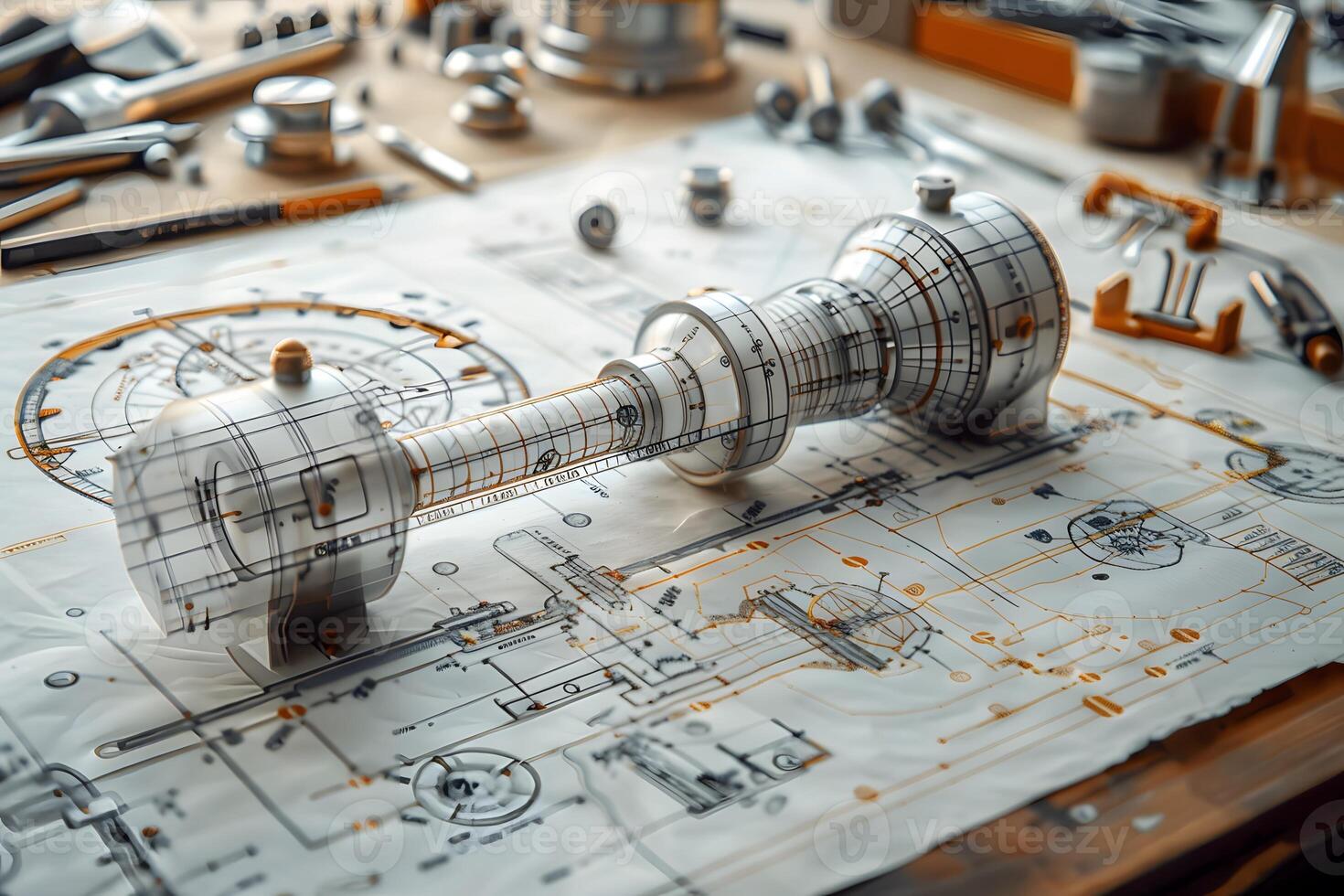 Close up toy engine on table with various tools photo