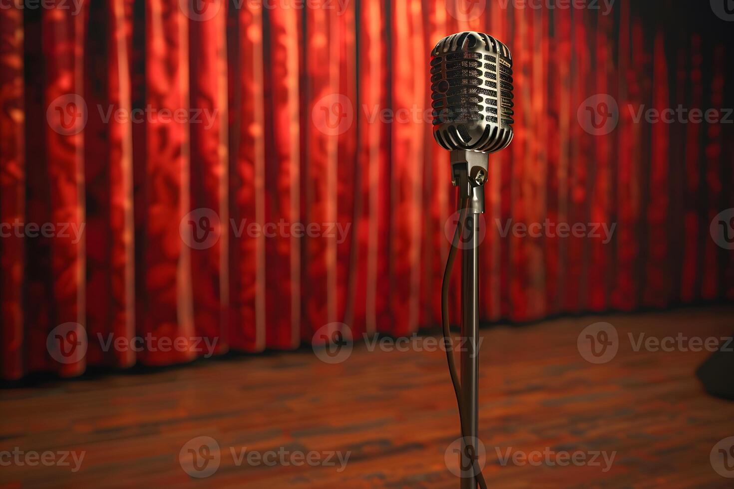 A close up of a microphone on a stand in front of a red curtain photo