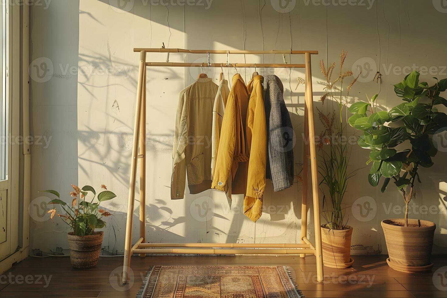 Three clothes hanging on a rack in a room photo