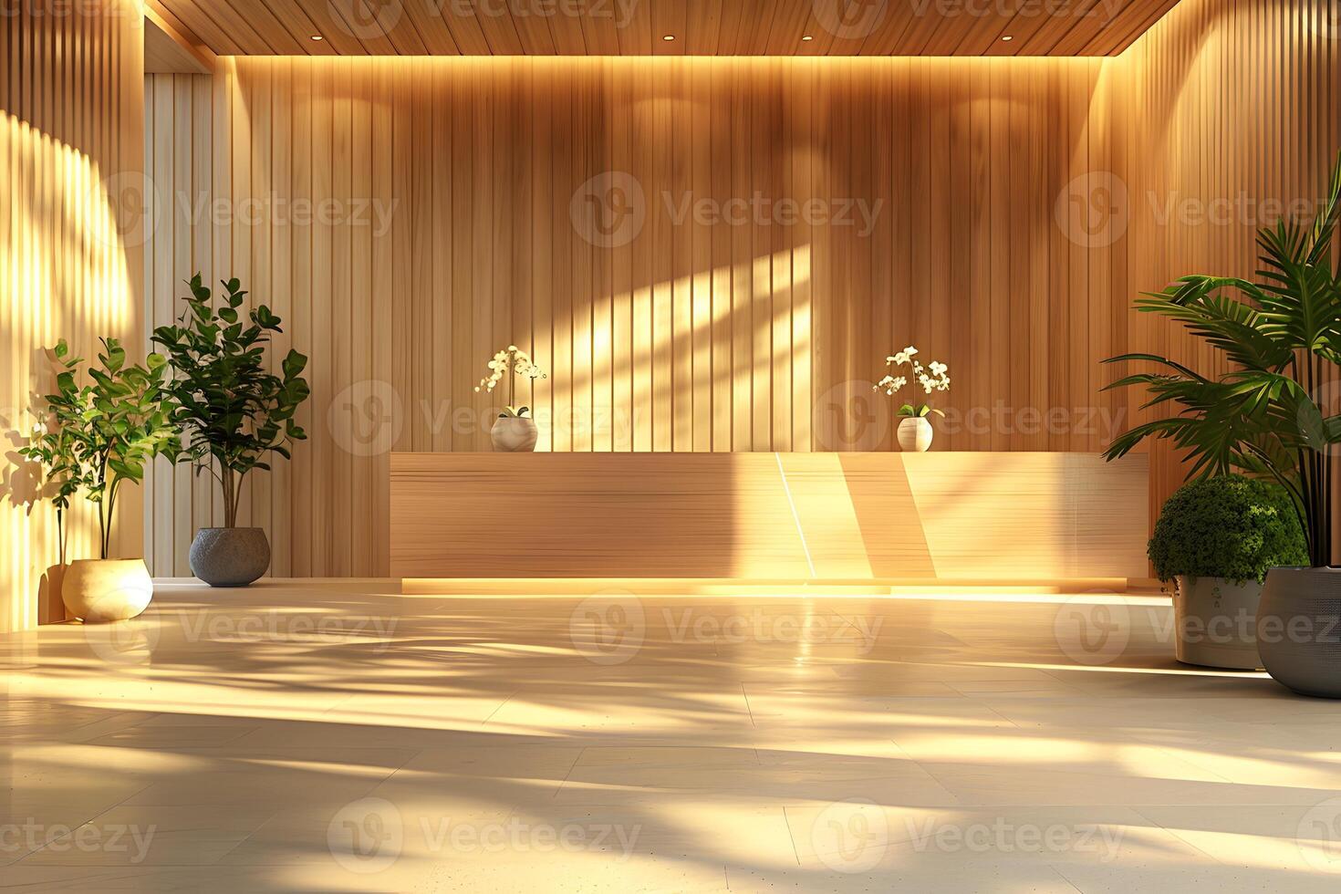 A wooden room featuring a plant as its centerpiece photo