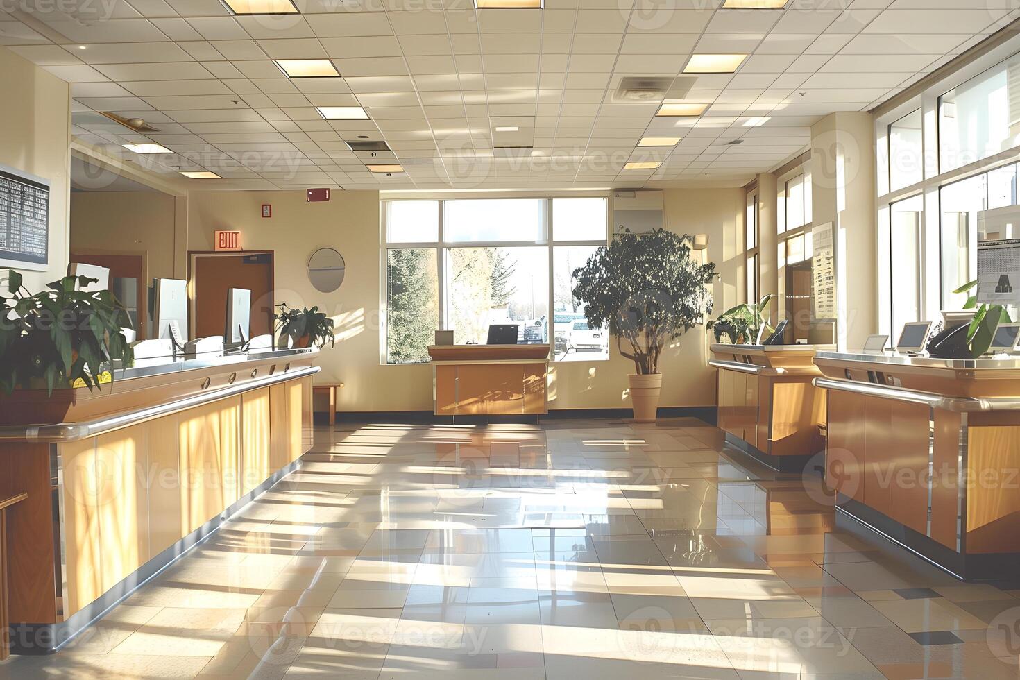 Large lobby filled with natural light from numerous windows and a lush green plant photo
