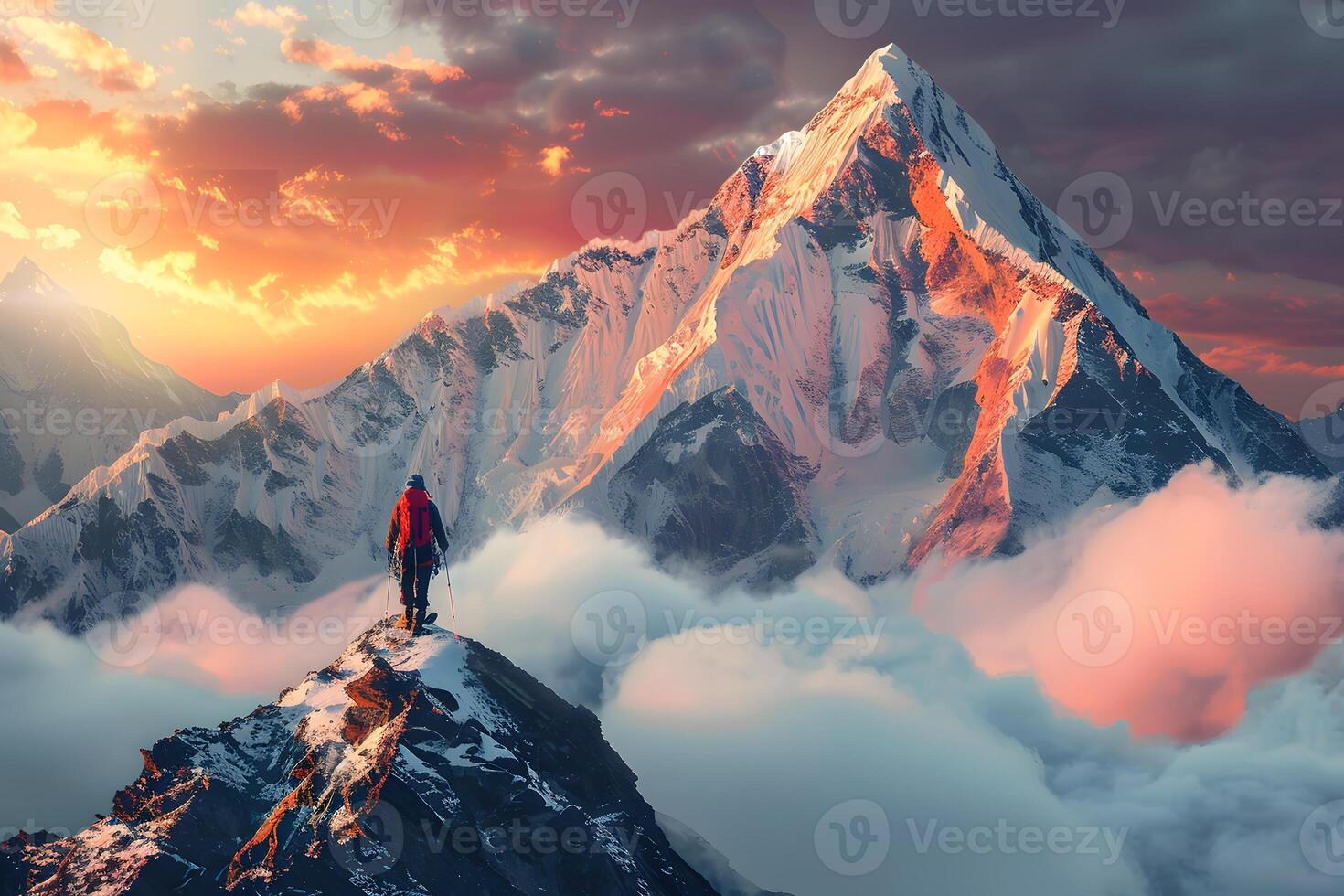 A man standing on top of a mountain with a sunset in the background photo