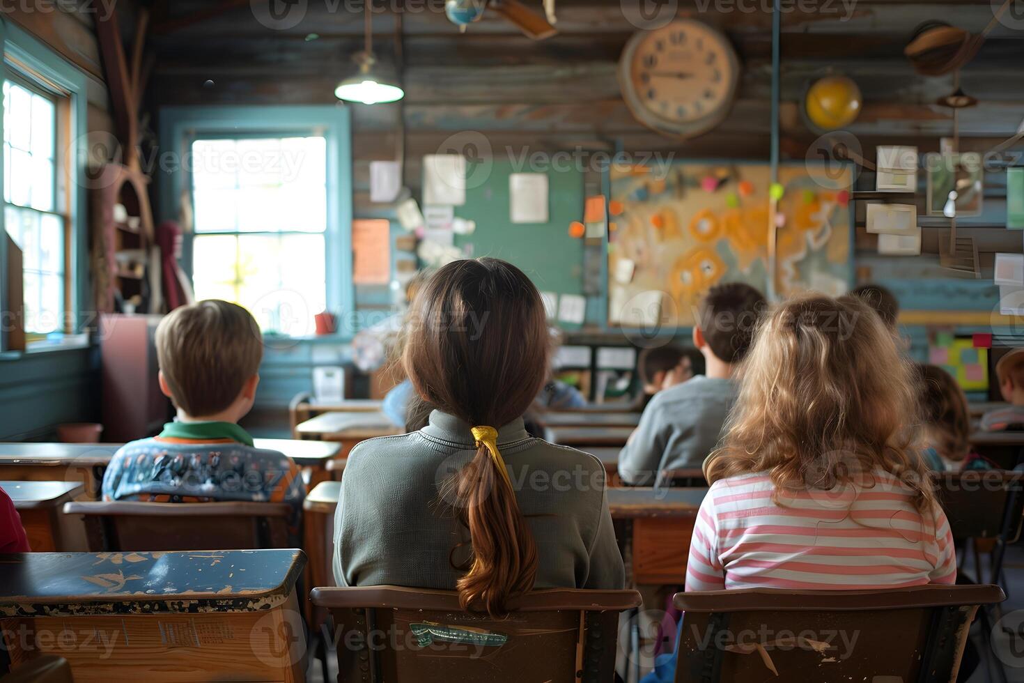 Several children in classroom with hanging clock photo