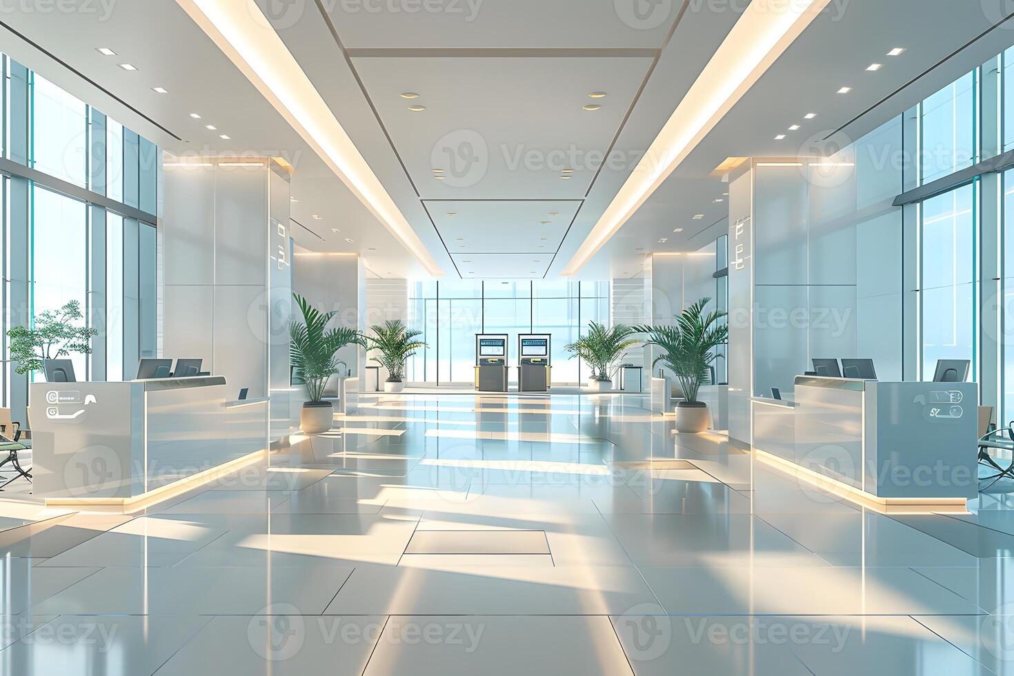 View of a modern office lobby with a large window photo
