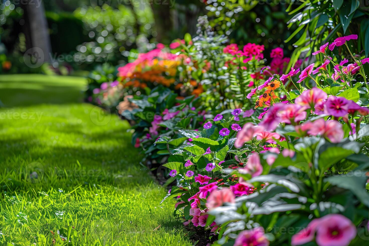 A close up of a garden with a lawn and flowers photo