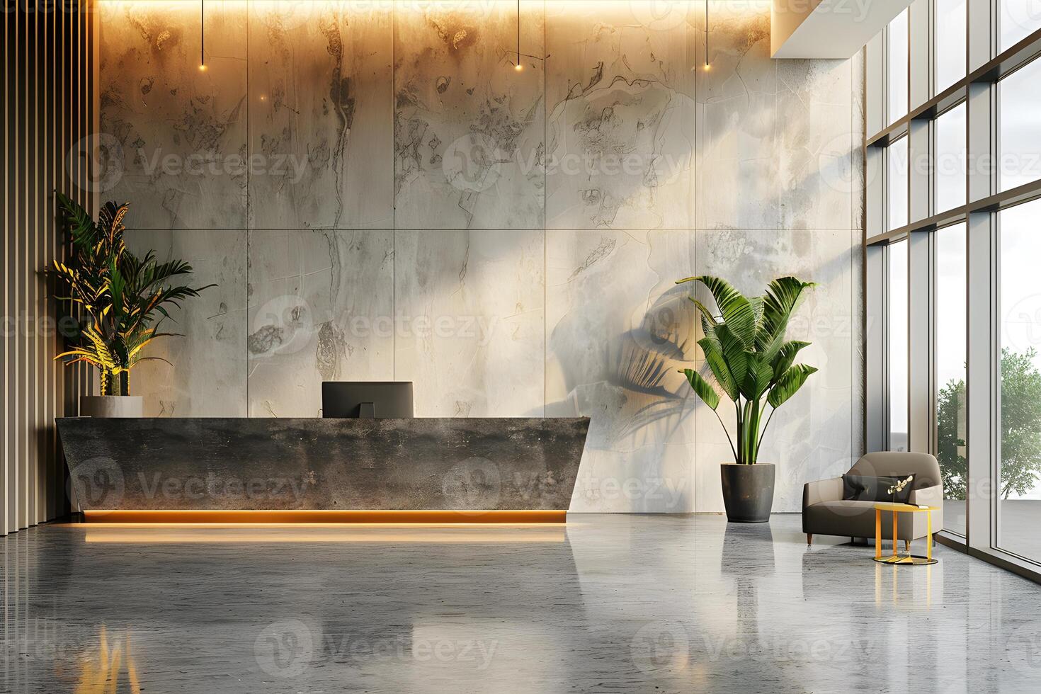 A large marble reception table in a spacious hall photo