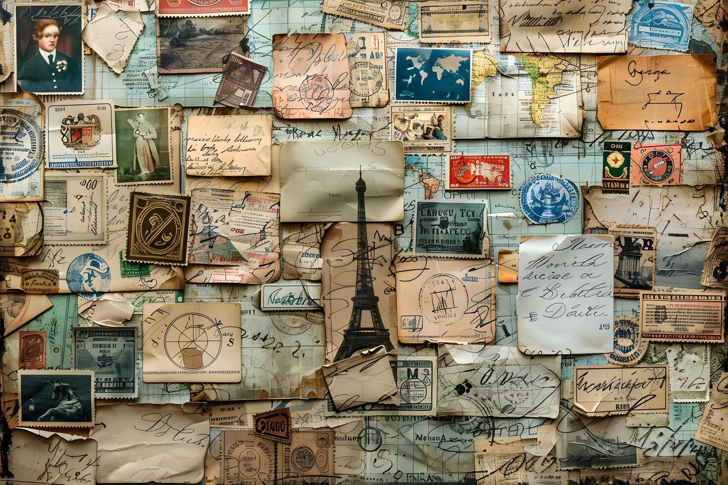 Close up of abundant vintage postcards on a wall photo