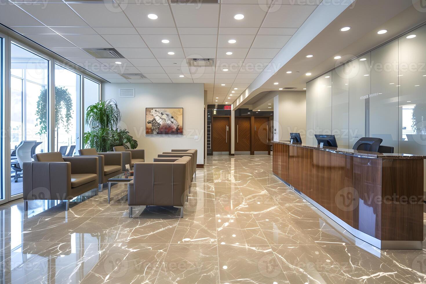 View of a lobby area with a reception counter and chairs photo