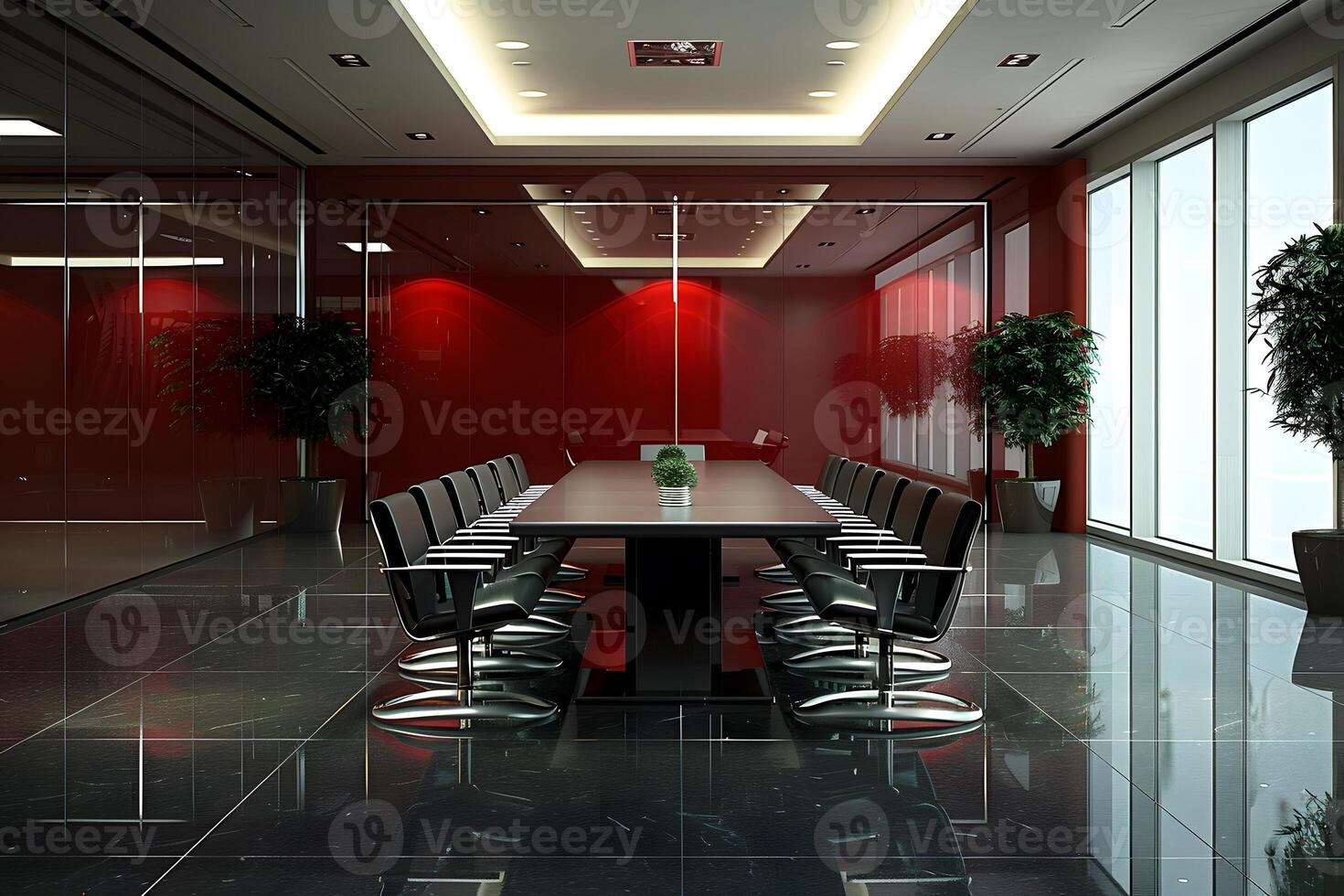 A long table and chairs in a room with red walls photo