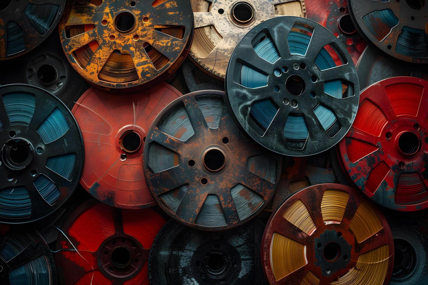 Close-up of assorted colorful reels photo