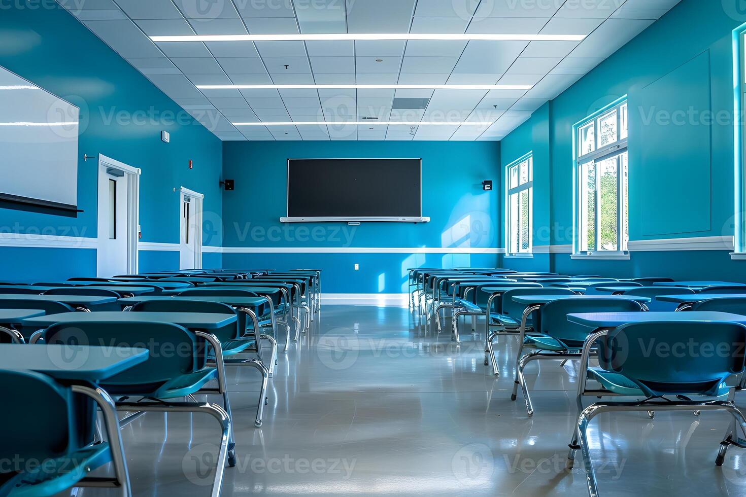 Many chairs in a classroom with a flat screen tv photo