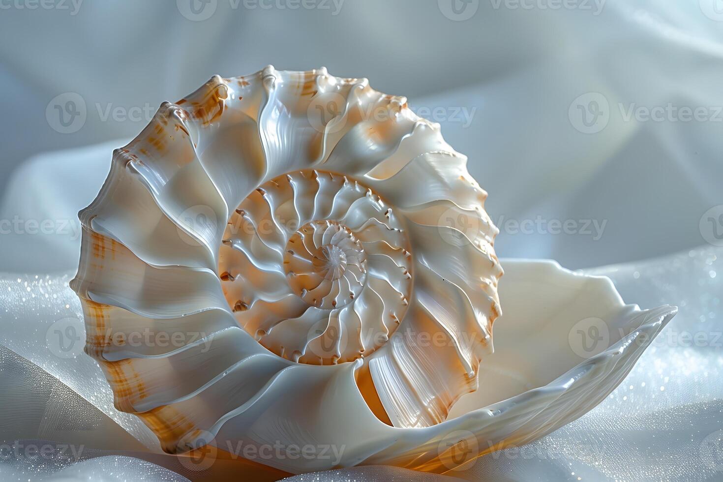 A shell placed on a white fabric photo