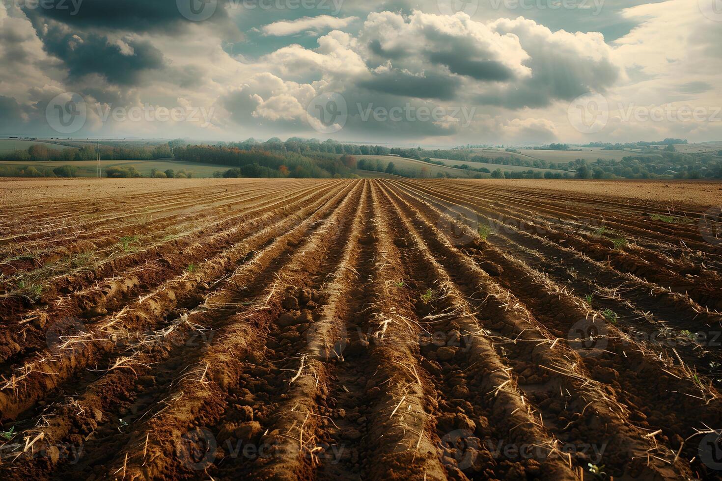 Plowed field under cloudy sky photo