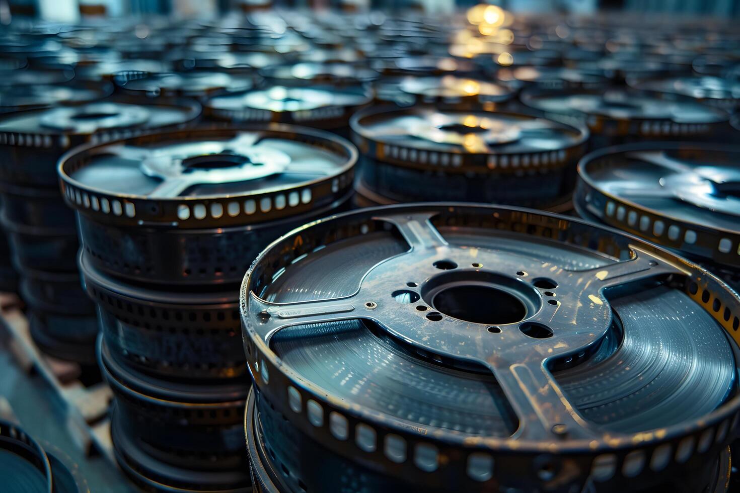 A close up of a bunch of film reels on a table photo
