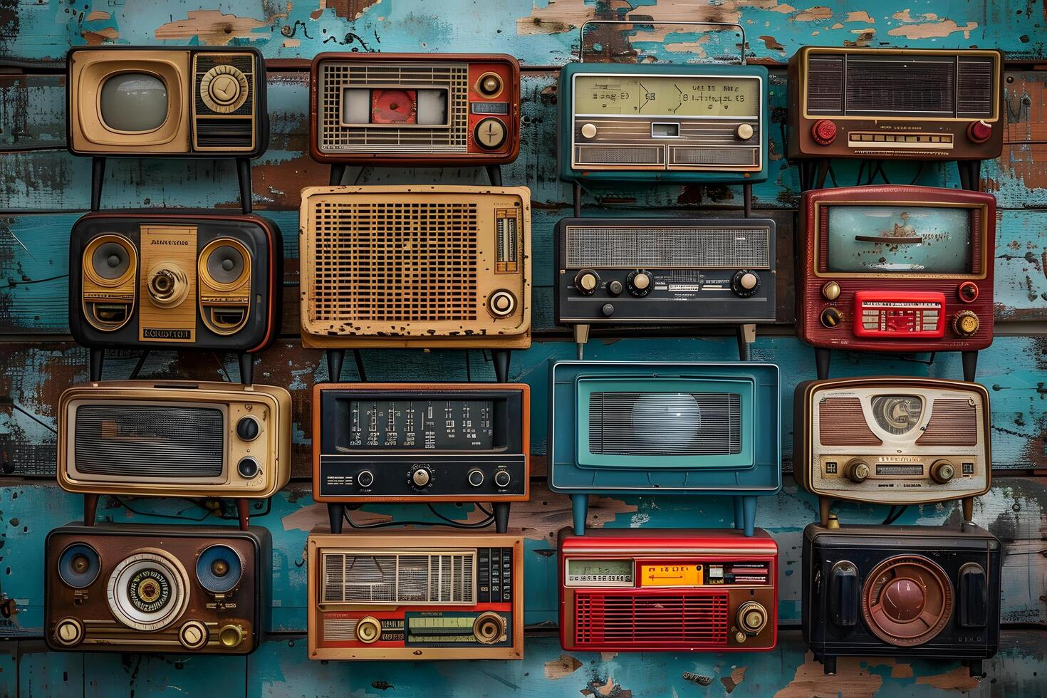 A close up of a wall of old fashioned radios on a blue wall photo
