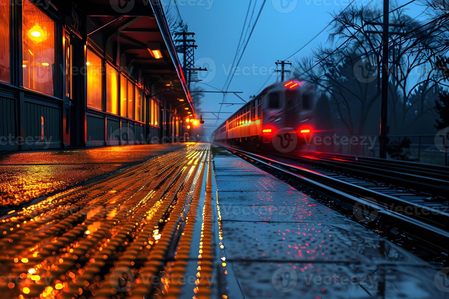 Train on track at station with rain covered platform photo