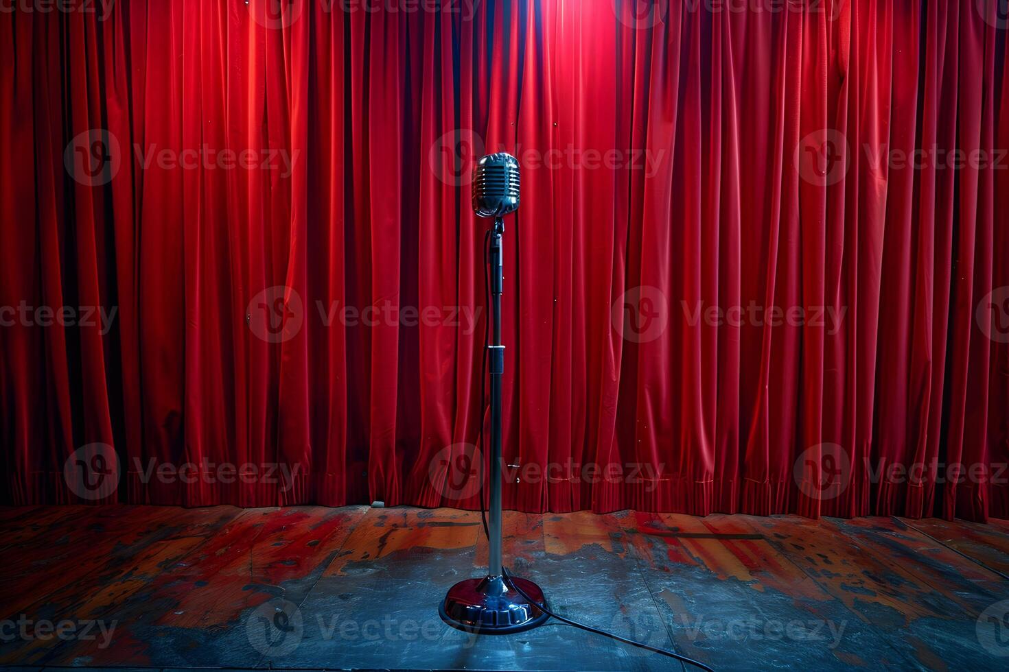 Microphone on stand in front of vibrant red curtain photo