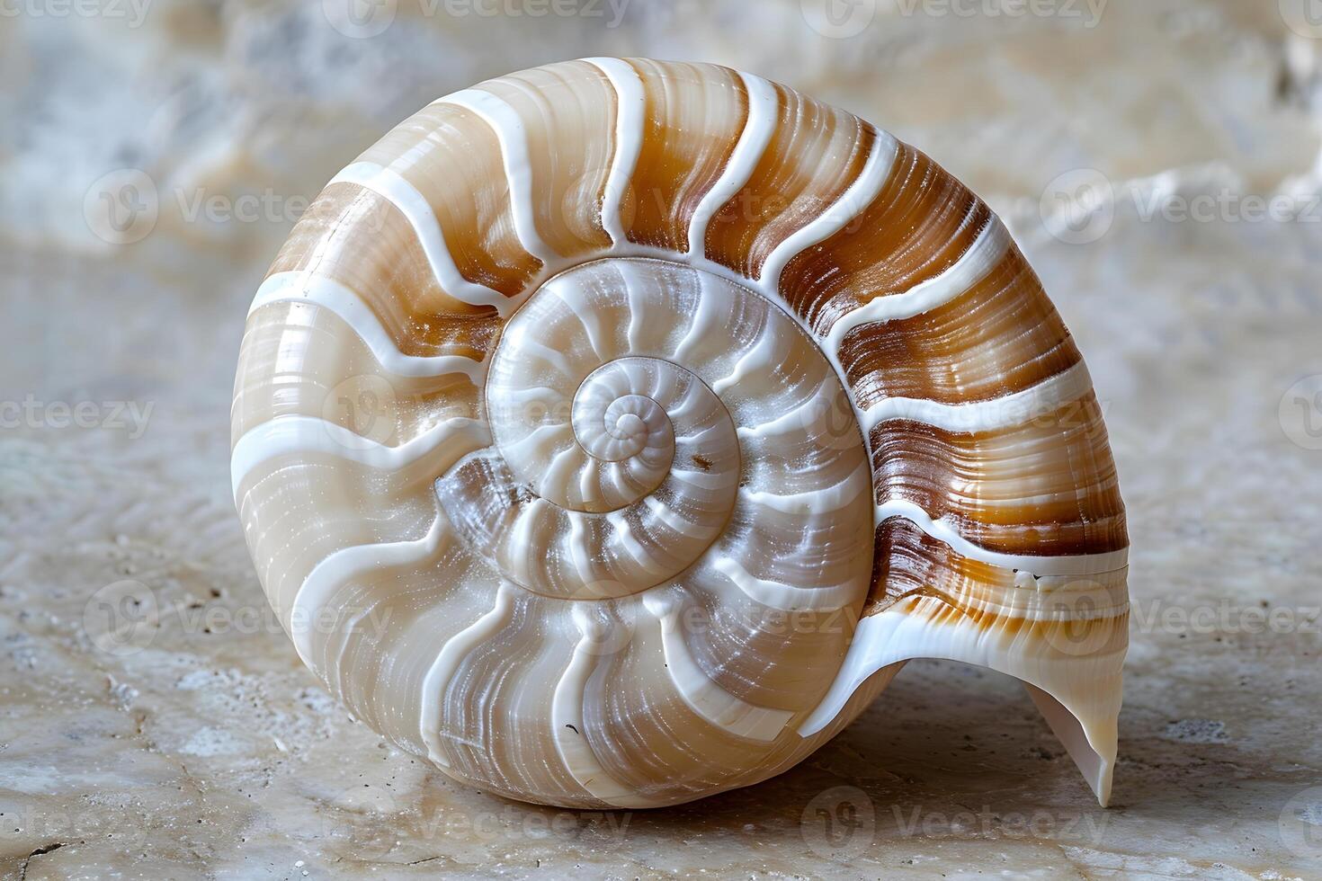 Sea shell on a marble surface with a white and brown stripe photo