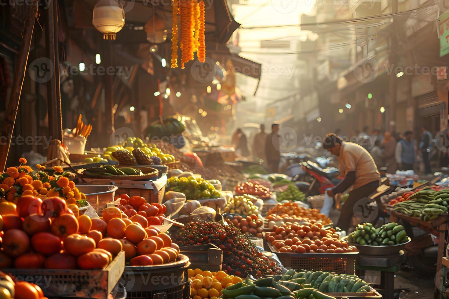 Many baskets of fruit and vegetables displayed at market photo